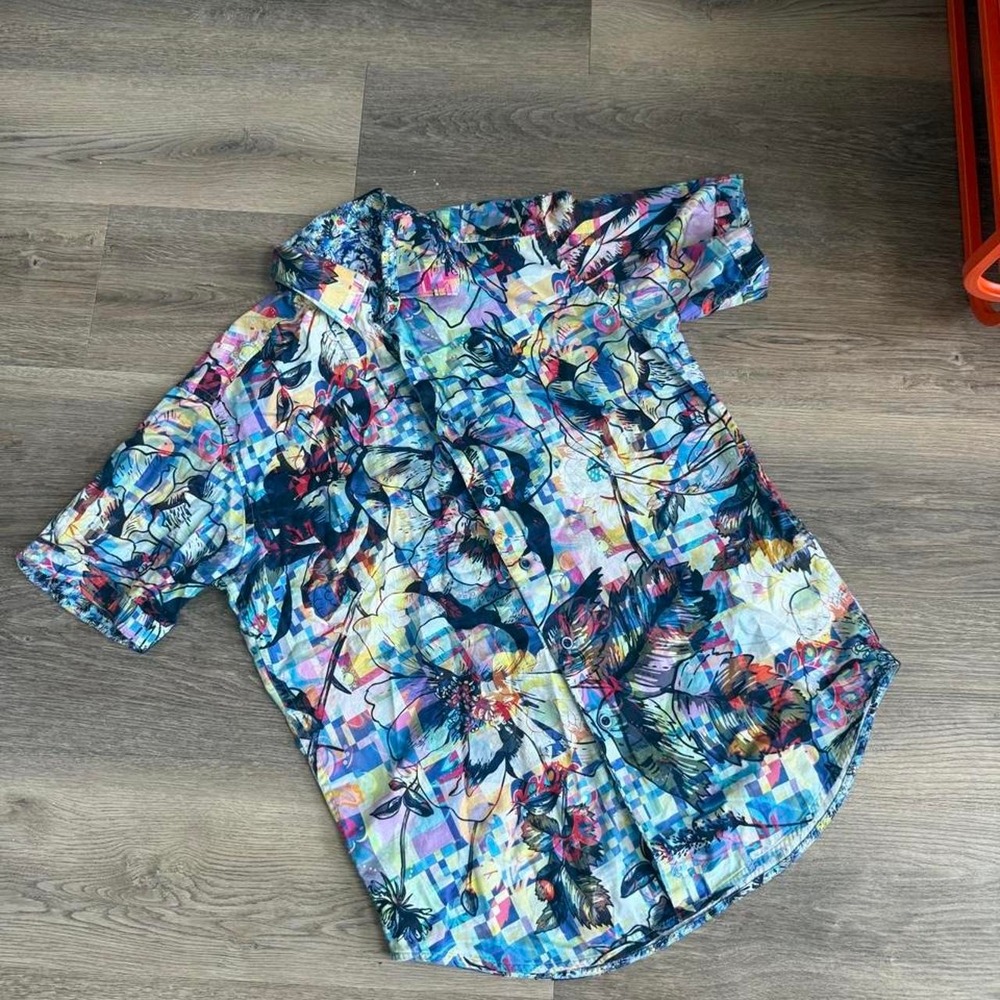 Robert Graham Mens Abstract Floral Print Button Up Shirt Blue Purple Small